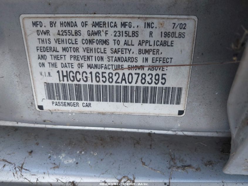 2002 Honda Accord 3.0 Ex VIN: 1HGCG16582A078395 Lot: 43424903