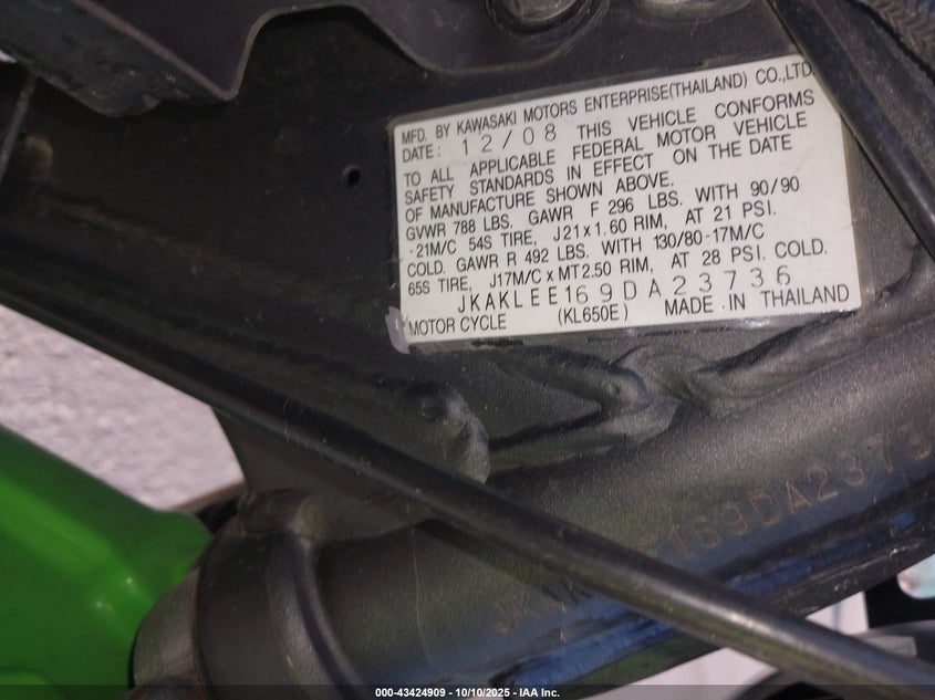 2009 Kawasaki Kl650 E VIN: JKAKLEE169DA23736 Lot: 43424909