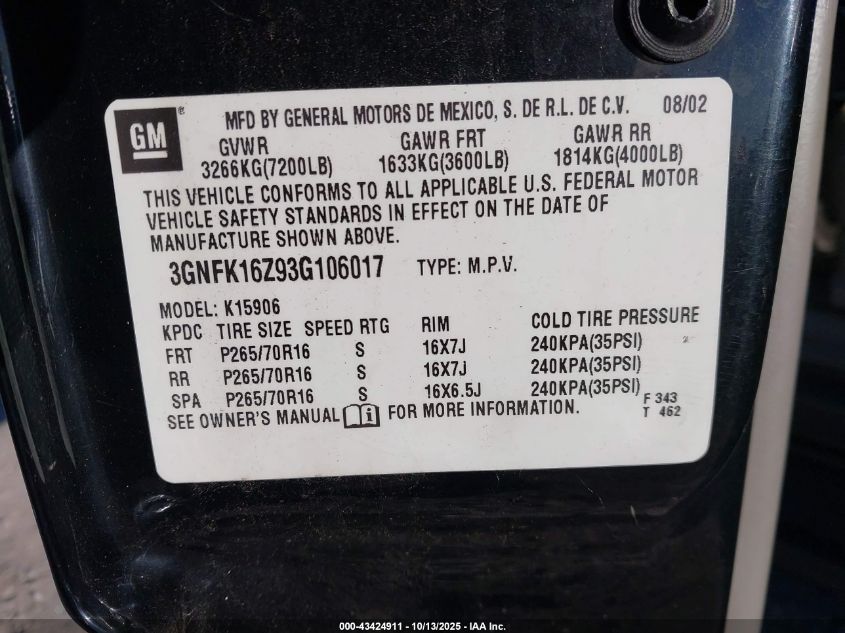 2003 Chevrolet Suburban 1500 Lt VIN: 3GNFK16Z93G106017 Lot: 43424911