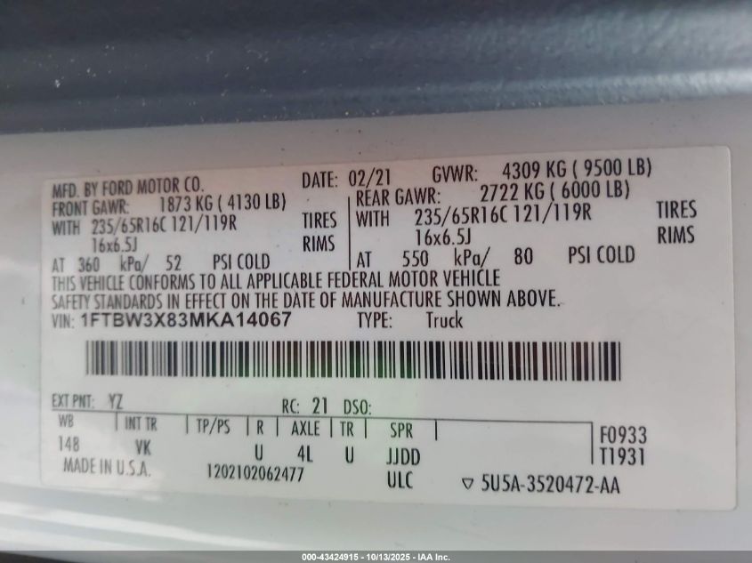 2021 Ford Transit-350 Cargo Van VIN: 1FTBW3X83MKA14067 Lot: 43424915