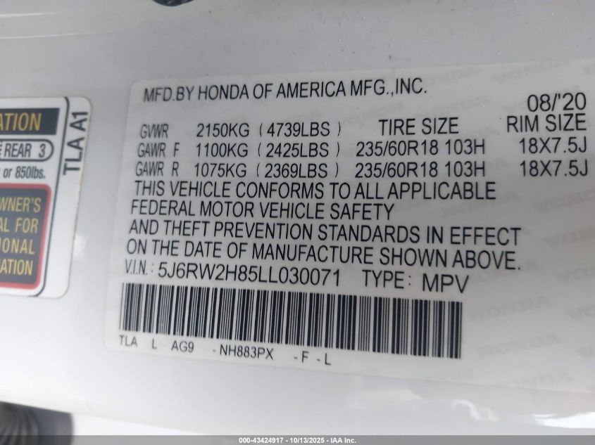 2020 Honda Cr-V Awd Ex-L VIN: 5J6RW2H85LL030071 Lot: 43424917