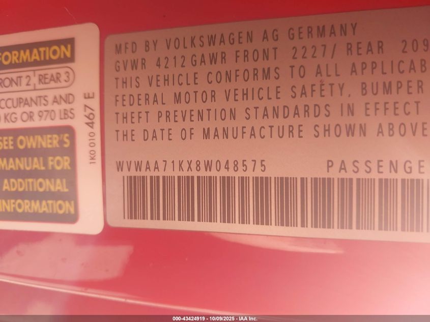 2008 Volkswagen Rabbit S VIN: WVWAA71KX8W048575 Lot: 43424919