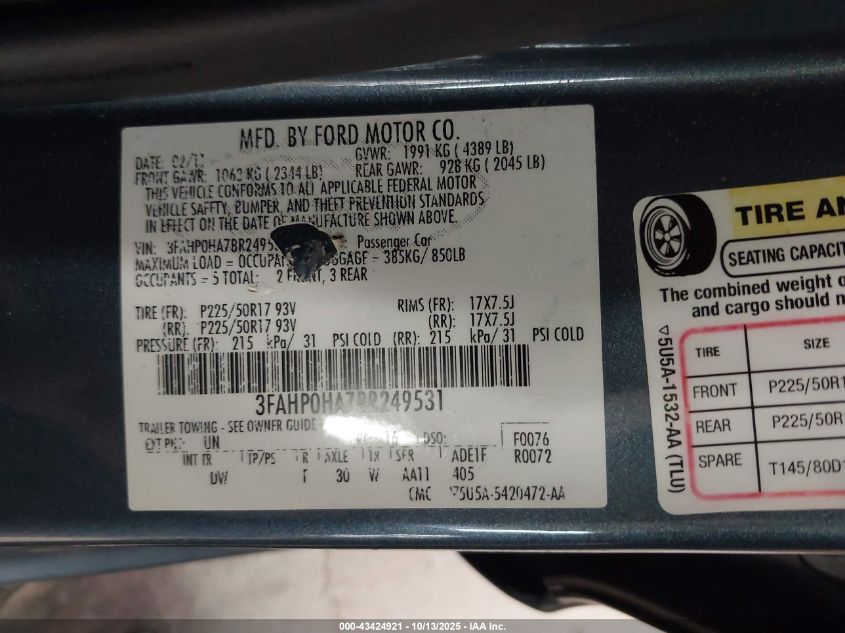 2011 Ford Fusion Se VIN: 3FAHP0HA7BR249531 Lot: 43424921