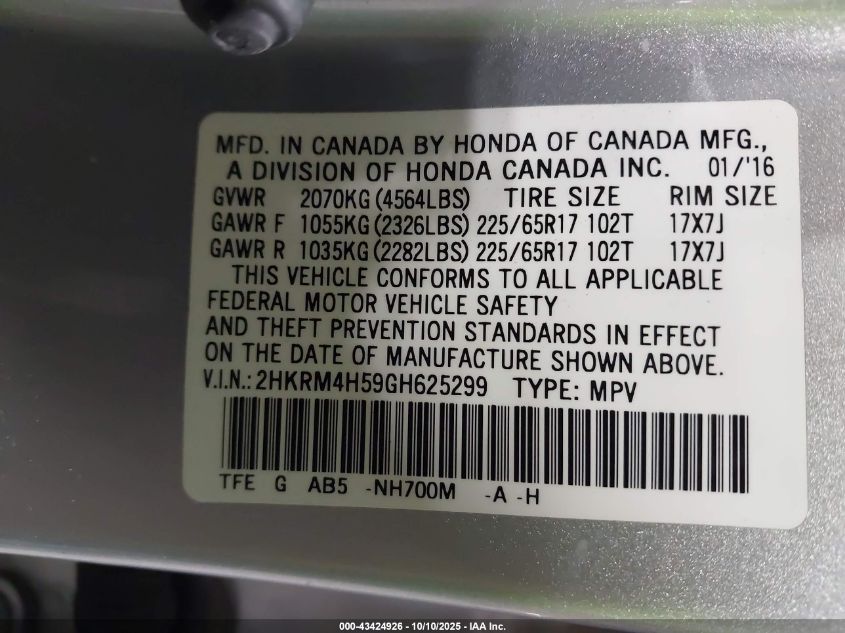 2016 Honda Cr-V Ex VIN: 2HKRM4H59GH625299 Lot: 43424926