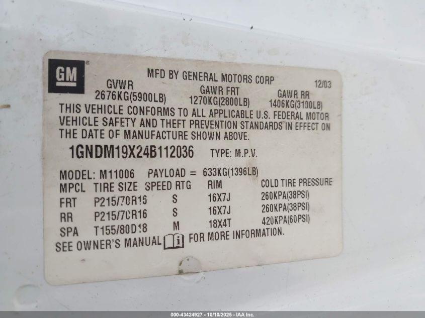 2004 Chevrolet Astro VIN: 1GNDM19X24B112036 Lot: 43424927