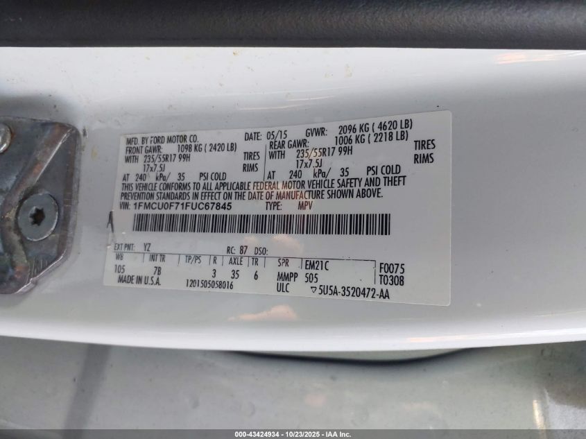 2015 Ford Escape S VIN: 1FMCU0F71FUC67845 Lot: 43424934