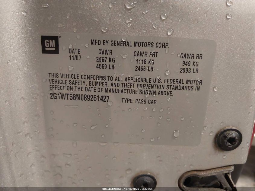 2008 Chevrolet Impala Lt VIN: 2G1WT58N089261427 Lot: 43424950
