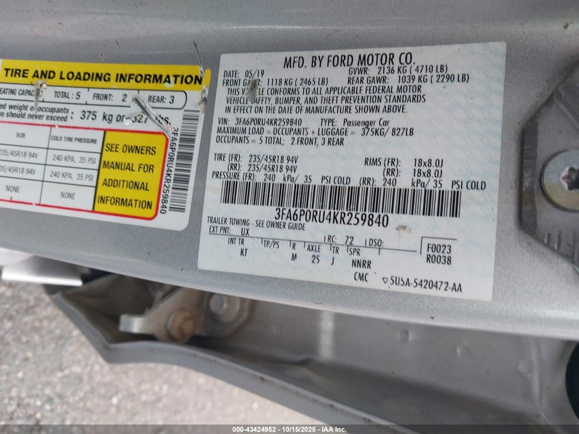 3FA6P0RU4KR259840 2019 FORD FUSION photo no. 9