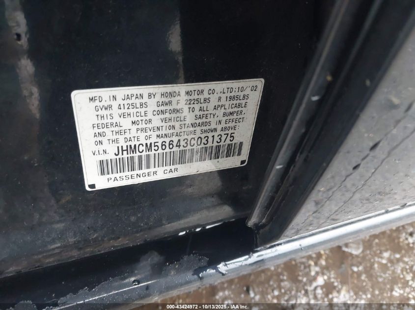 2003 Honda Accord 2.4 Ex VIN: JHMCM56643C031375 Lot: 43424972