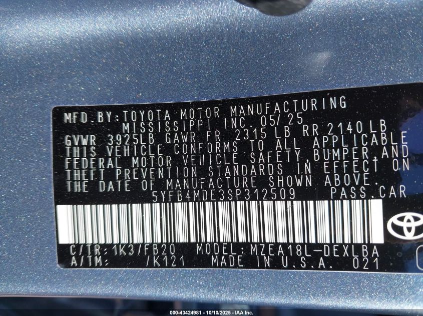 2025 Toyota Corolla Le VIN: 5YFB4MDE3SP312509 Lot: 43424981