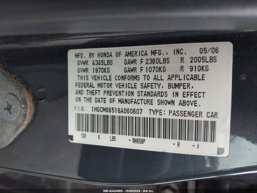 2006 Honda Accord Sdn Ex-L V6 VIN: 1HGCM66516A060607 Lot: 43424989