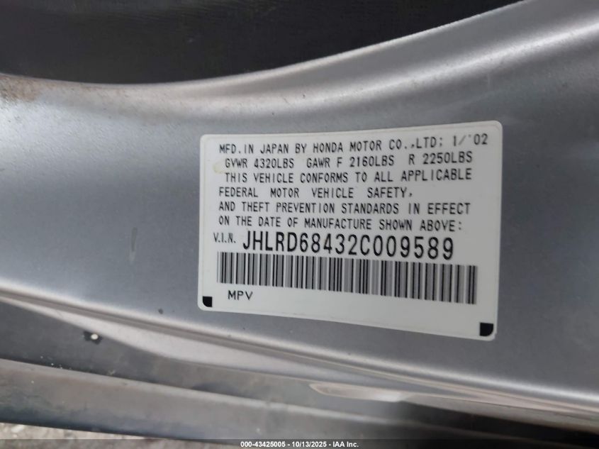 2002 Honda Cr-V Lx VIN: JHLRD68432C009589 Lot: 43425005