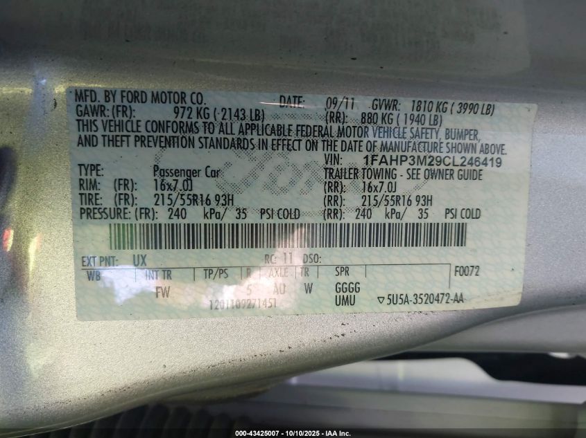 2012 Ford Focus Sel VIN: 1FAHP3M29CL246419 Lot: 43425007