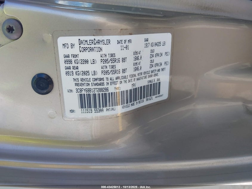 2002 Chrysler Pt Cruiser Limited VIN: 3C8FY68B12T288286 Lot: 43425012