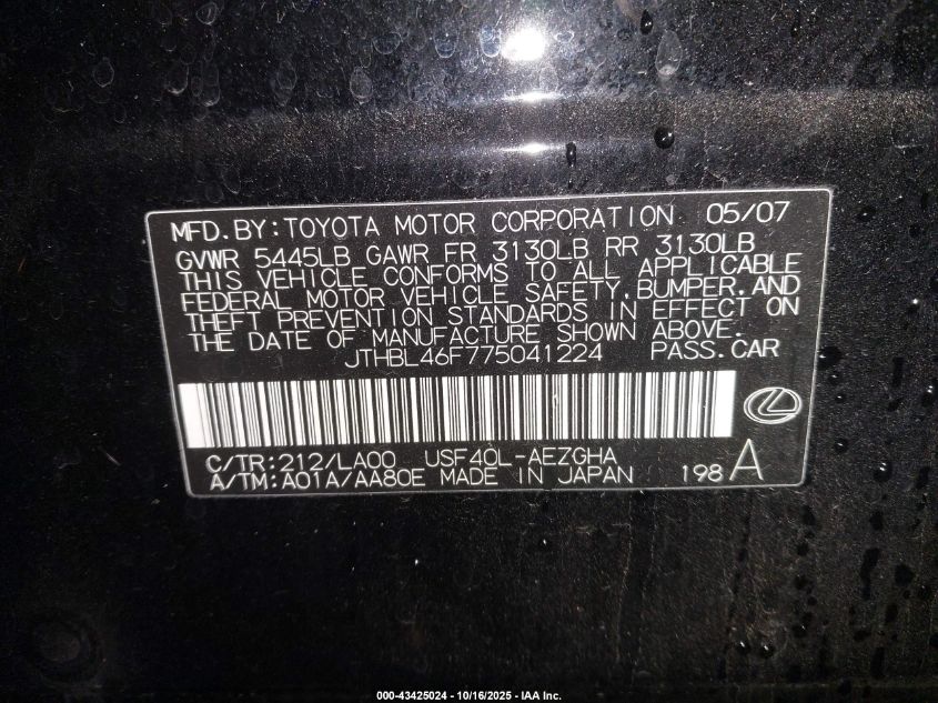 2007 Lexus Ls 460 VIN: JTHBL46F775041224 Lot: 43425024