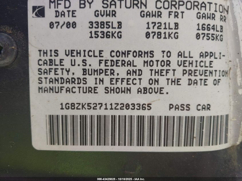 2001 Saturn Sl2 VIN: 1G8ZK52711Z203365 Lot: 43425025