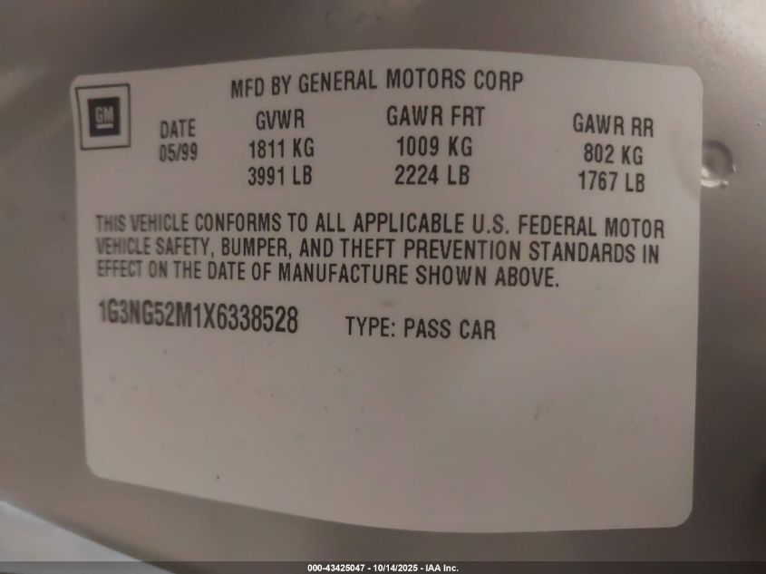 1999 Oldsmobile Cutlass Gls VIN: 1G3NG52M1X6338528 Lot: 43425047