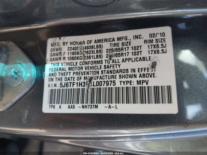 2010 Honda Accord Crosstour Ex VIN: 5J6TF1H39AL007975 Lot: 43425054