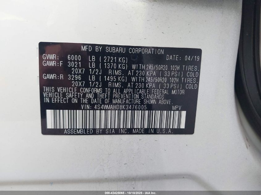 2019 Subaru Ascent Premium VIN: 4S4WMAHD8K3476005 Lot: 43425065