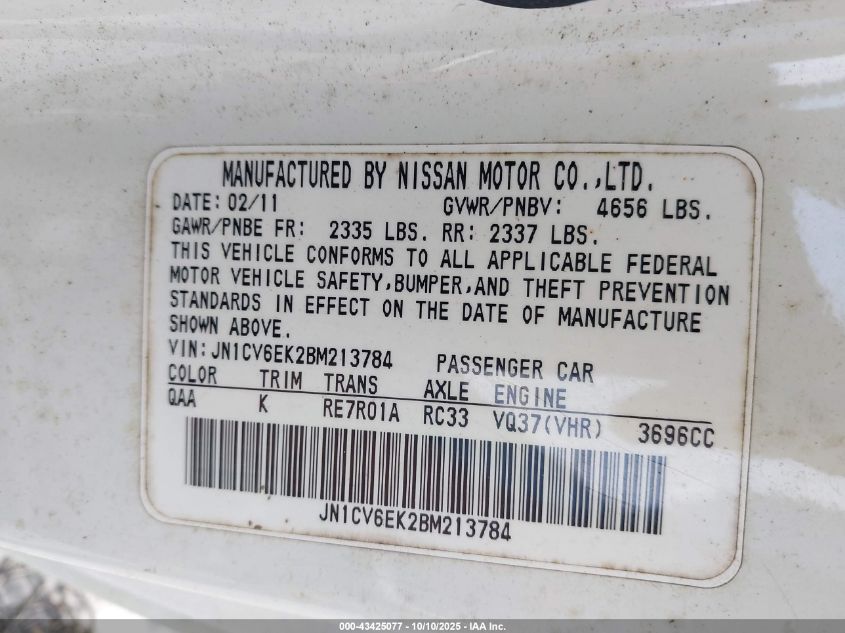 2011 Infiniti G37 Journey VIN: JN1CV6EK2BM213784 Lot: 43425077