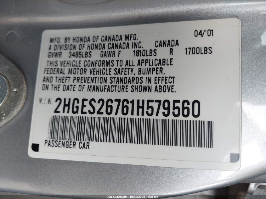 2001 Honda Civic Ex VIN: 2HGES26761H579560 Lot: 43425089