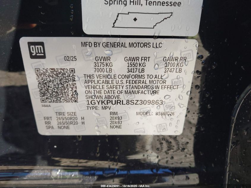 2025 Cadillac Lyriq Sport W/1Sf VIN: 1GYKPURL8SZ309863 Lot: 43425091