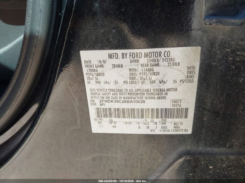 2008 Ford Edge Limited VIN: 2FMDK39C28BA10626 Lot: 43425100