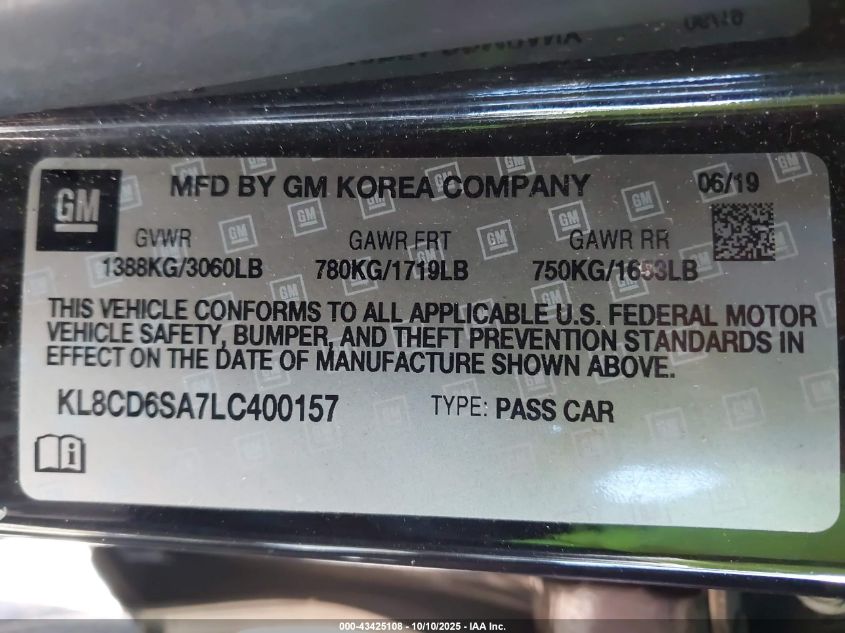 2020 Chevrolet Spark Fwd 1Lt Automatic VIN: KL8CD6SA7LC400157 Lot: 43425108