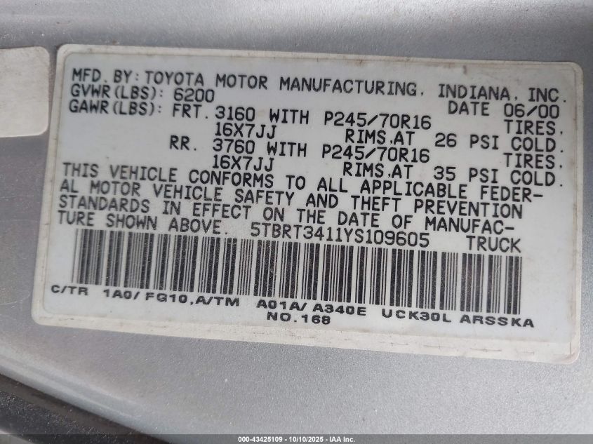 2000 Toyota Tundra Sr5 V8 VIN: 5TBRT3411YS109605 Lot: 43425109