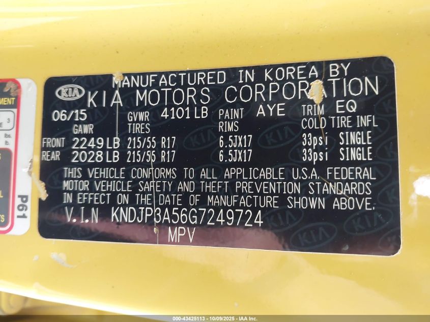 2016 Kia Soul + VIN: KNDJP3A56G7249724 Lot: 43425113