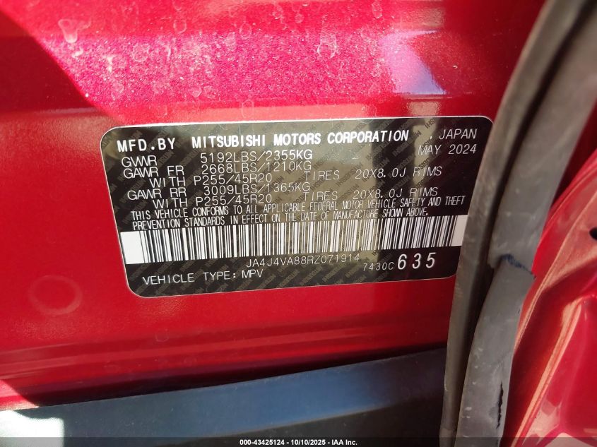 2024 Mitsubishi Outlander Se 2.5 S-Awc/Se Black Edition S-Awc/Se Black Edition W/Pano Roof S-Awc/Se Ralliart S-Awc VIN: JA4J4VA88RZ071914 Lot: 43425124