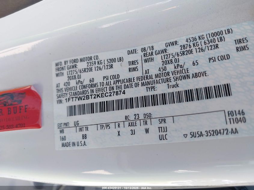 2019 Ford F-250 Platinum VIN: 1FT7W2BT2KEC27874 Lot: 43425131