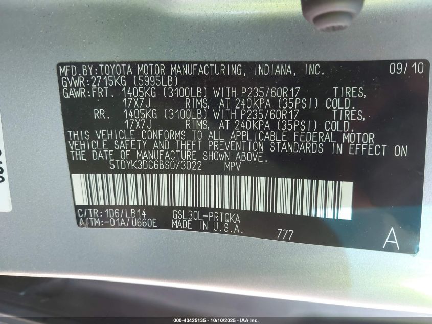 2011 Toyota Sienna Xle V6 VIN: 5TDYK3DC6BS073022 Lot: 43425135