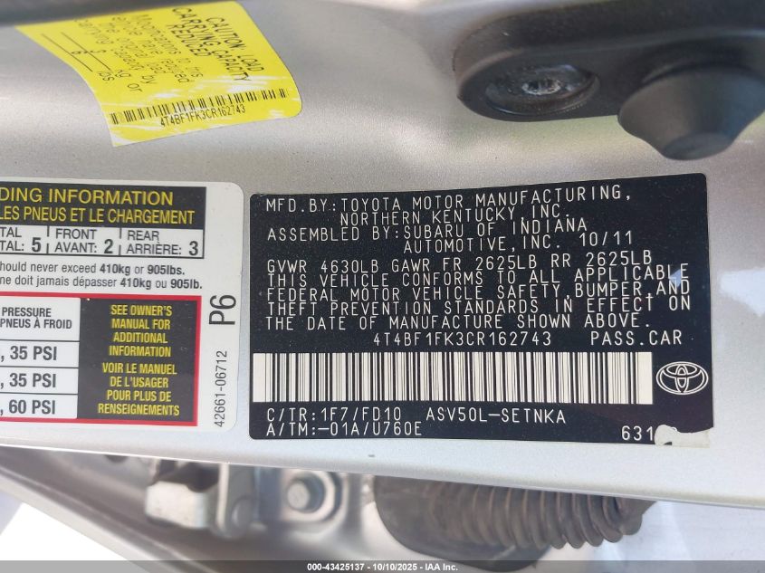 2012 Toyota Camry Le VIN: 4T4BF1FK3CR162743 Lot: 43425137