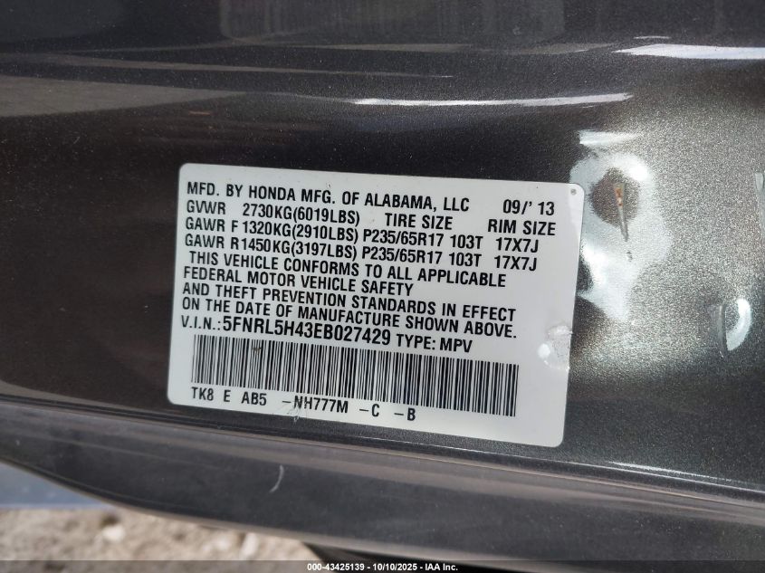 2014 Honda Odyssey Ex VIN: 5FNRL5H43EB027429 Lot: 43425139