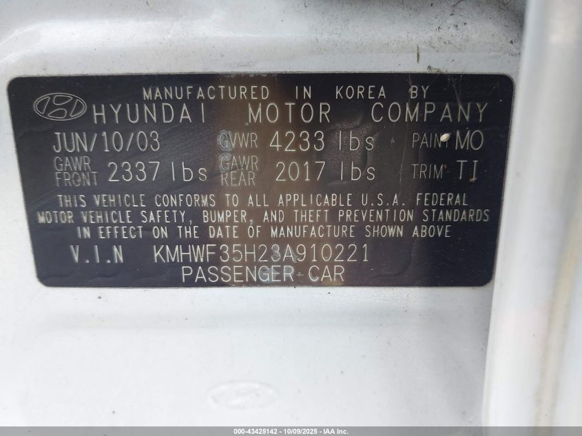 2003 Hyundai Sonata Gls/Lx VIN: KMHWF35H23A910221 Lot: 43425142