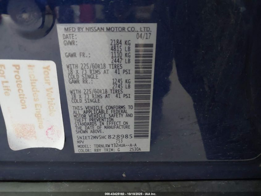 2017 Nissan Rogue Hybrid Sl VIN: 5N1ET2MV5HC828985 Lot: 43425160