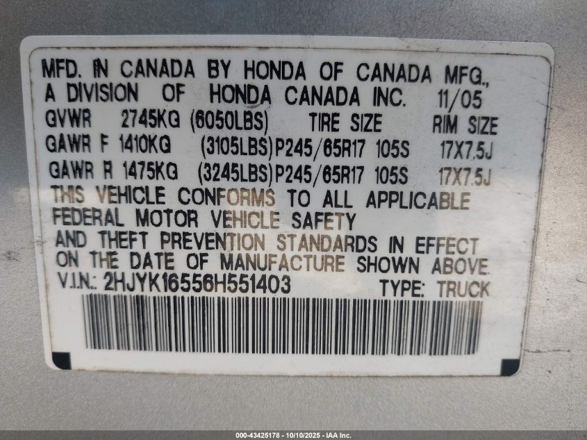 2006 Honda Ridgeline Rtl VIN: 2HJYK16556H551403 Lot: 43425178