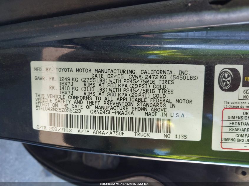 2005 Toyota Tacoma Base V6 VIN: 5TELU42N25Z055123 Lot: 43425179