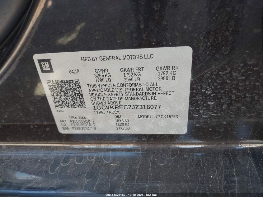 2018 Chevrolet Silverado 1500 1Lt VIN: 1GCVKREC7JZ316077 Lot: 43425182