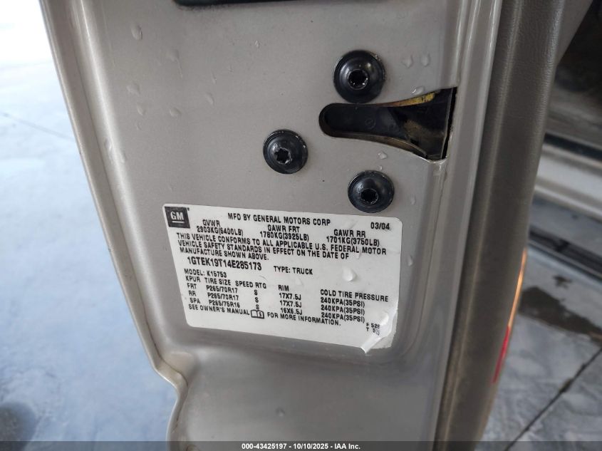2004 GMC Sierra 1500 Slt VIN: 1GTEK19T14E285173 Lot: 43425197