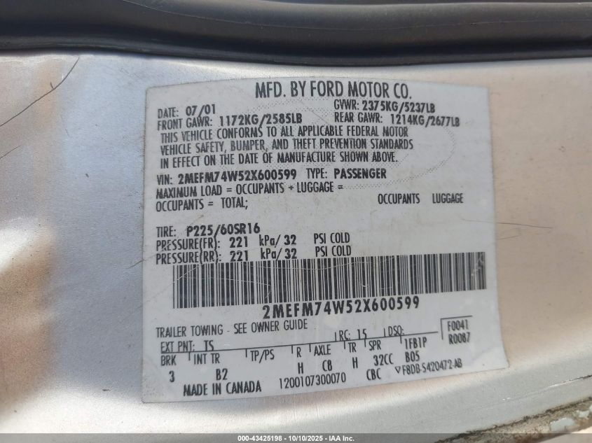 2002 Mercury Grand Marquis Gs VIN: 2MEFM74W52X600599 Lot: 43425198