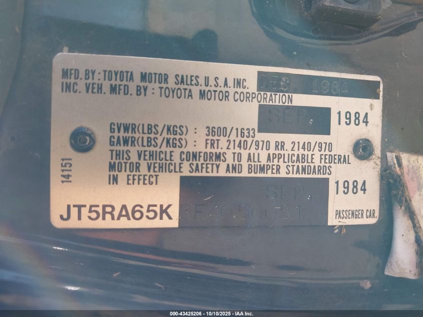 1985 Toyota Celica Gts VIN: JT5RA65K3F5050051 Lot: 43425206