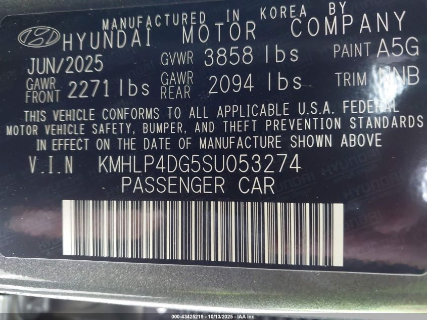 2025 Hyundai Elantra Limited VIN: KMHLP4DG5SU053274 Lot: 43425219