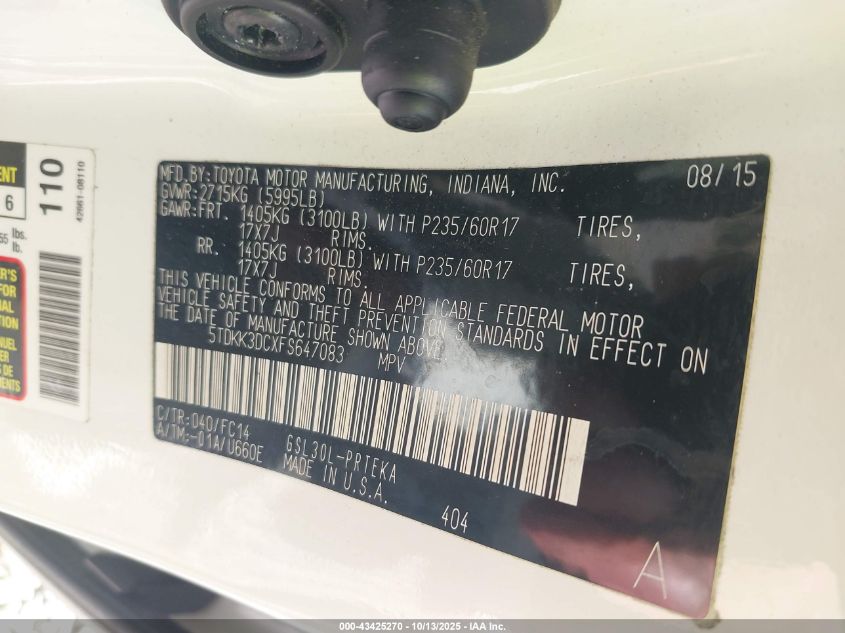 2015 Toyota Sienna Le 8 Passenger VIN: 5TDKK3DCXFS647083 Lot: 43425270