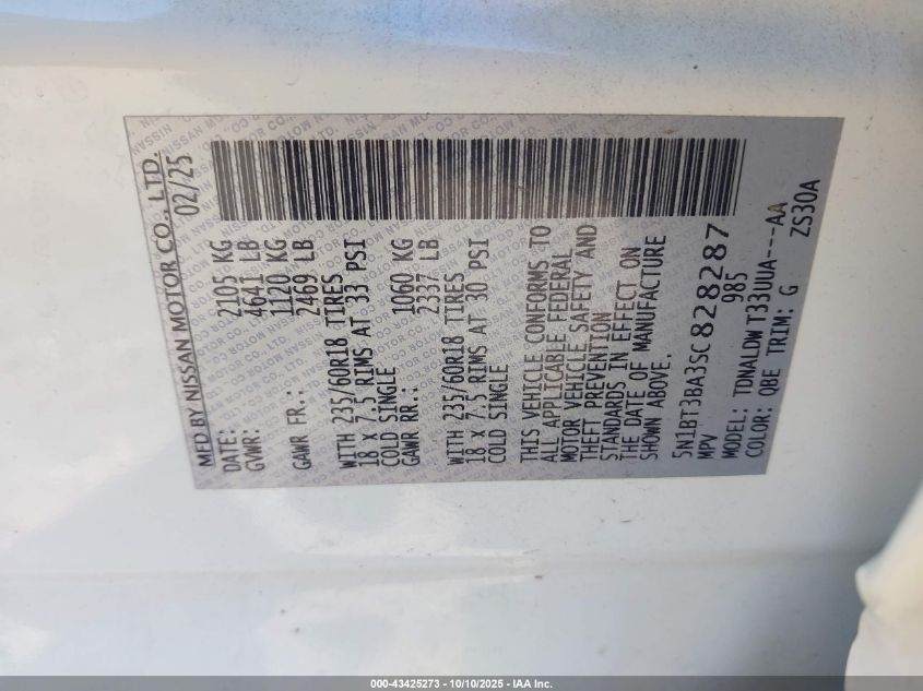 2025 Nissan Rogue Sv Fwd VIN: 5N1BT3BA3SC828287 Lot: 43425273