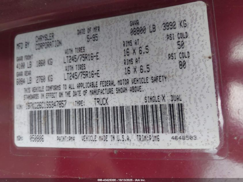 1995 Dodge Ram 2500 VIN: 1B7KC26C1SS347857 Lot: 43425300