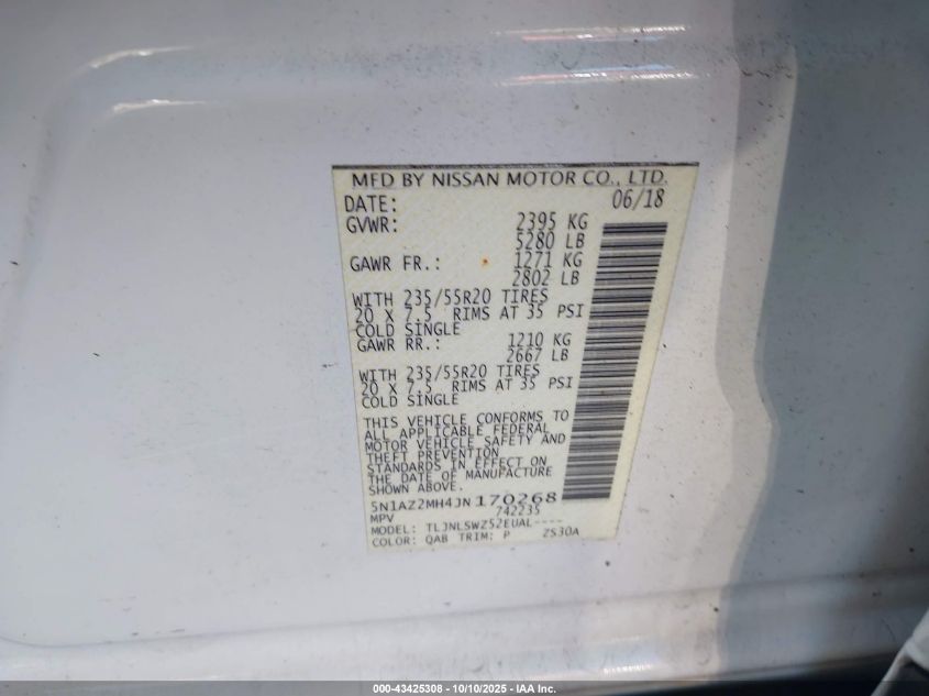 2018 Nissan Murano Platinum VIN: 5N1AZ2MH4JN170268 Lot: 43425308