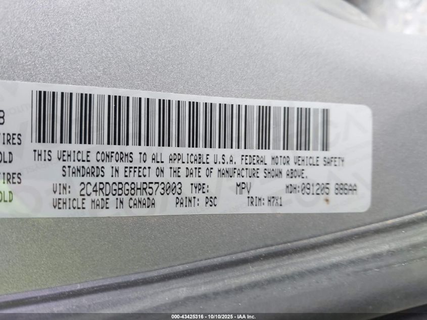2017 Dodge Grand Caravan Se VIN: 2C4RDGBG8HR573003 Lot: 43425316