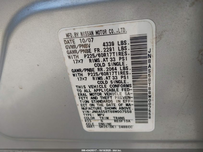 2008 Nissan Rogue Sl VIN: JN8AS58T88W007558 Lot: 43425317